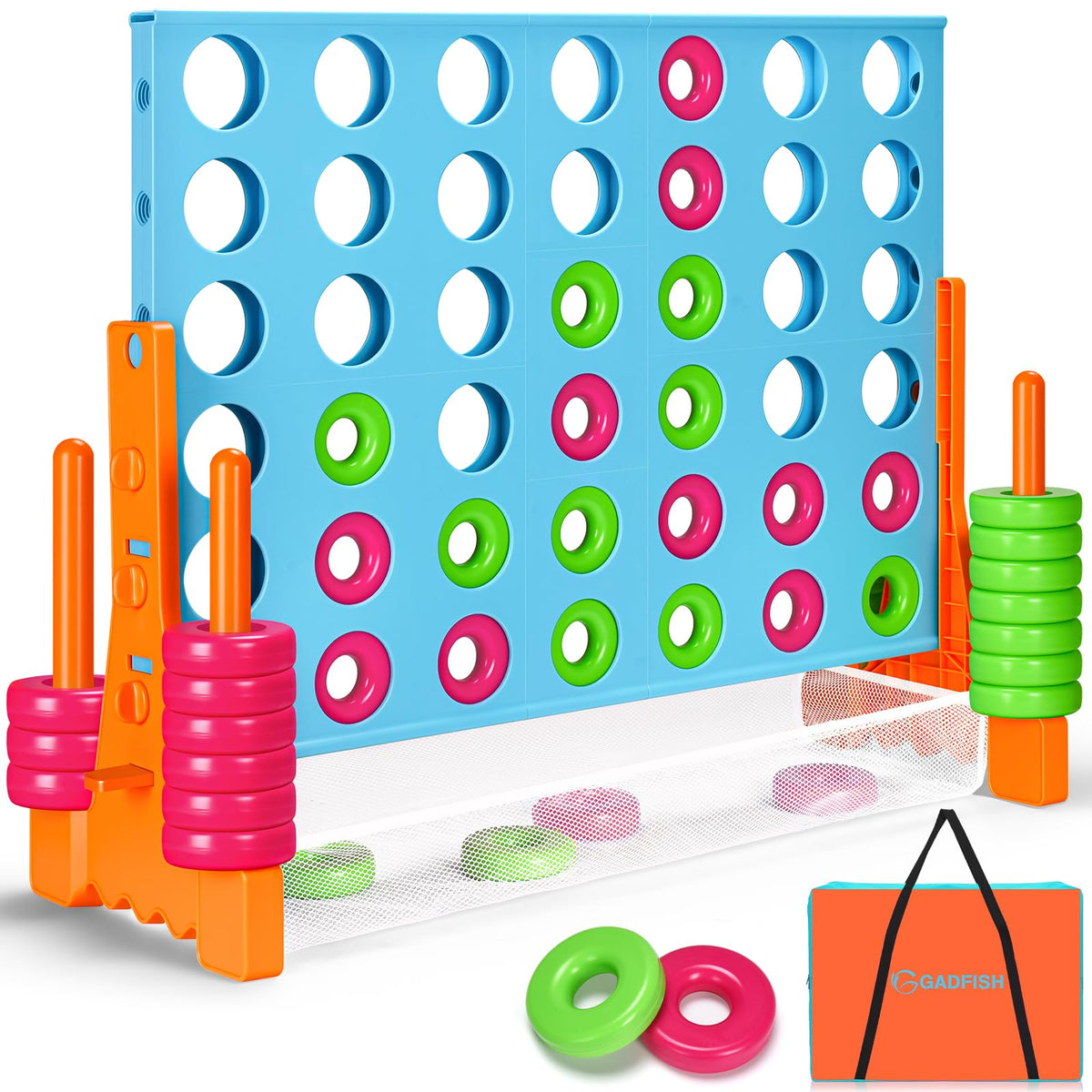 GADFISH Giant 4-in-a-Row assembly setup showing easy transport and quick play