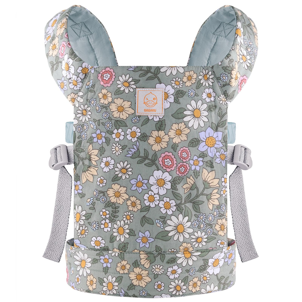 GAGAKU baby doll carrier in green for front inward carry, supports nurturing play.