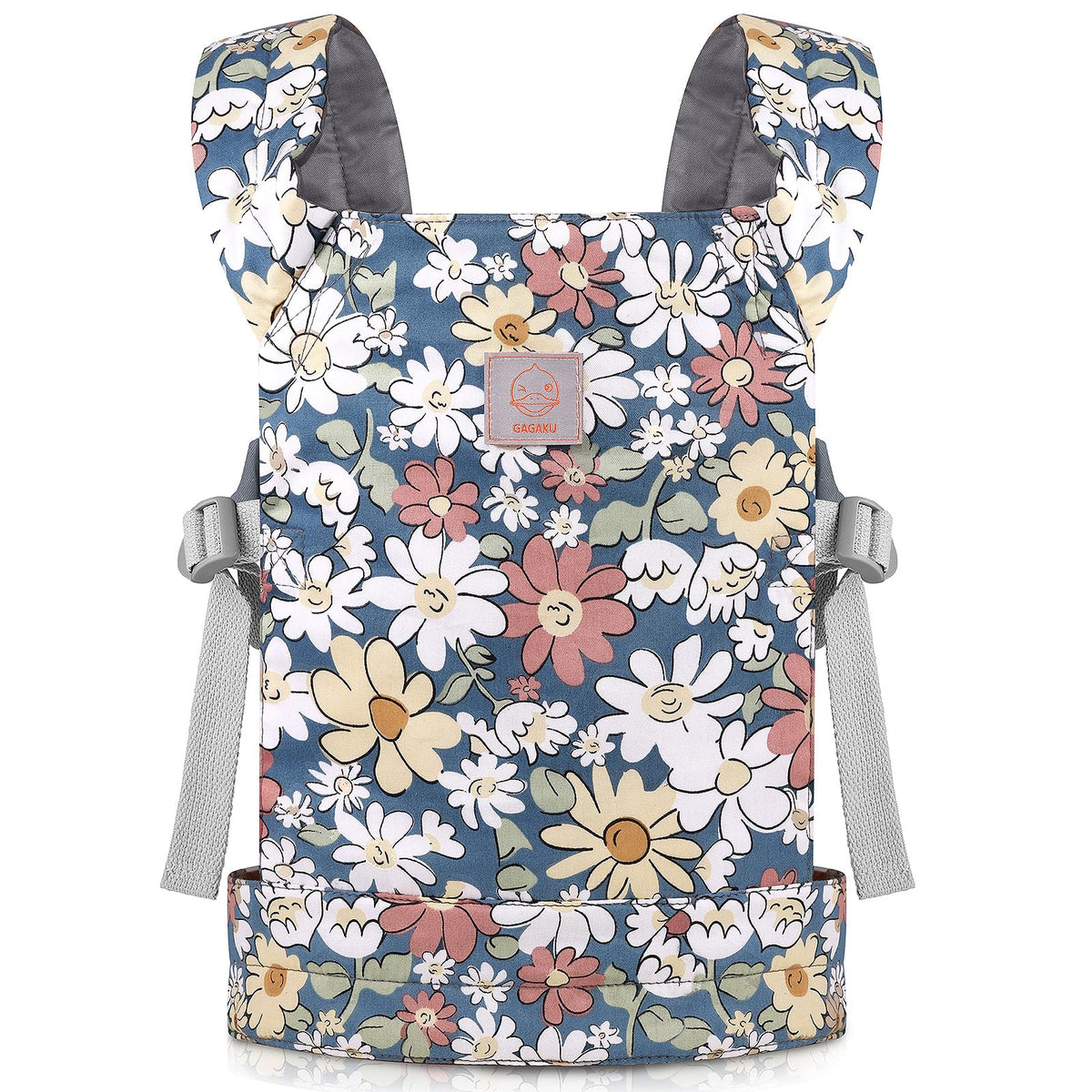 GAGAKU baby doll carrier gray with smiling daisies, front view for easy doll transport