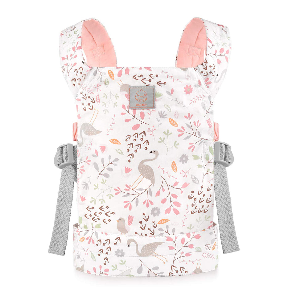 GAGAKU baby doll carrier pink flamingo — front view for easy doll care.