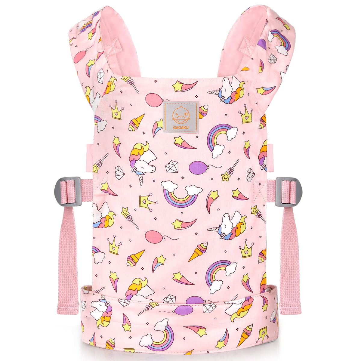 GAGAKU Baby Doll Carrier Pink Stars, front view, soft fabric ideal for imaginative play