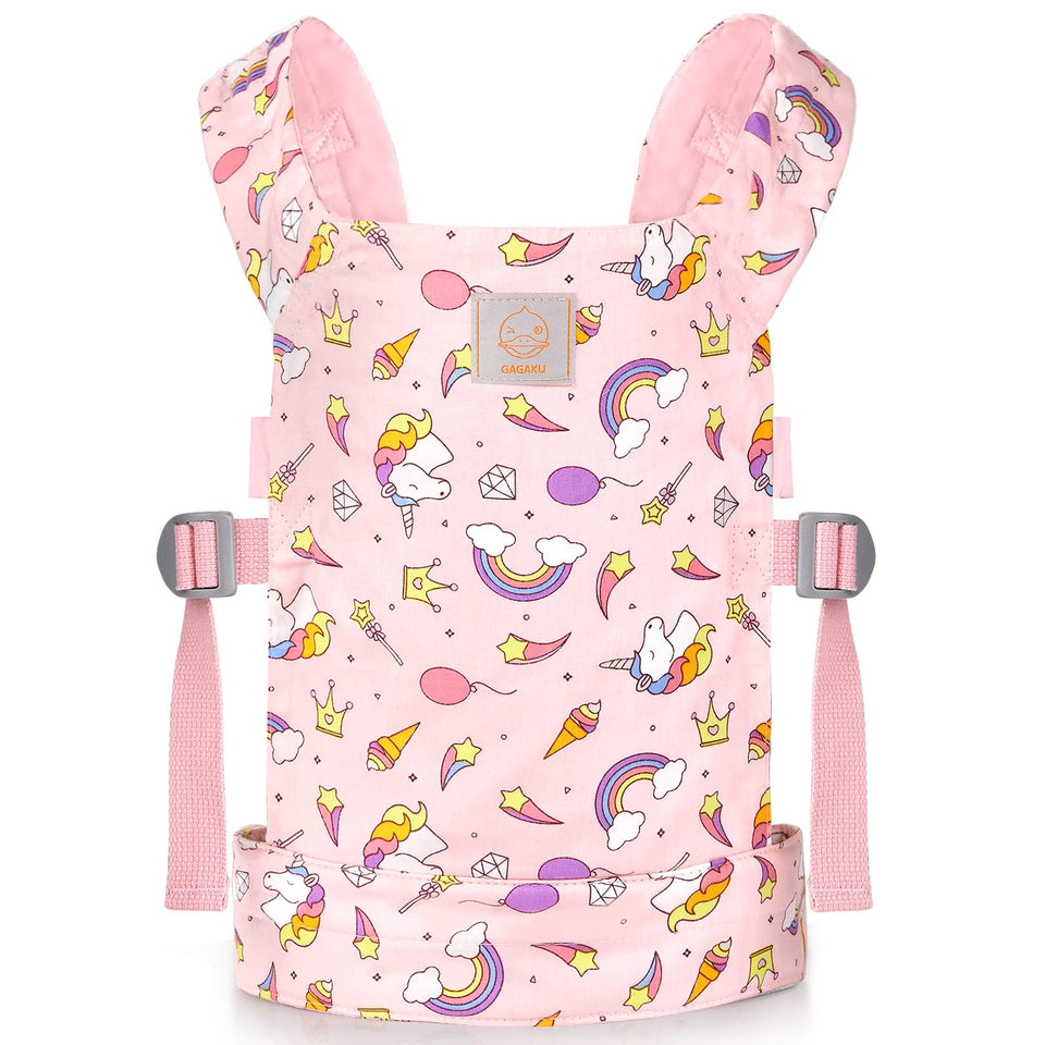 GAGAKU Baby Doll Carrier Pink Stars, front view, soft fabric ideal for imaginative play
