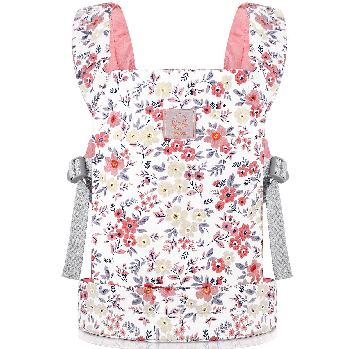 GAGAKU Baby Doll Carrier front view with pink wax flowers, ideal for pretend play.