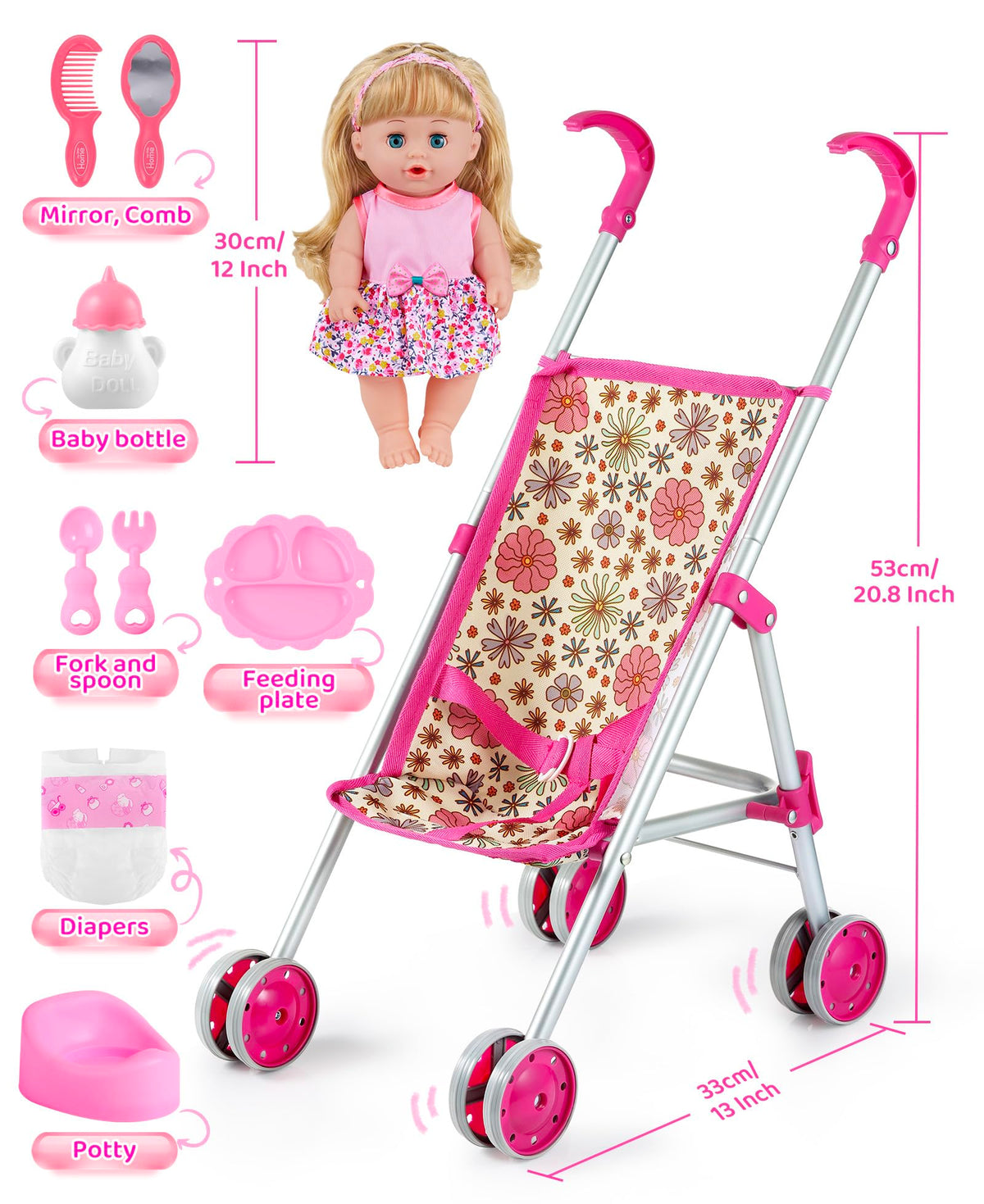GAGAKU baby doll stroller in daisies pattern, folded compact for easy storage.