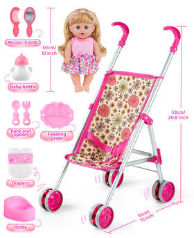 GAGAKU baby doll stroller in daisies pattern, folded compact for easy storage.