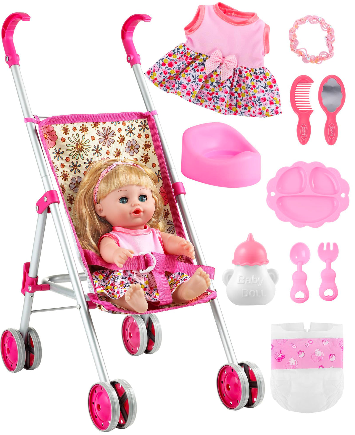 GAGAKU baby doll stroller in daisies pattern, front view, encourages imaginative pretend play.