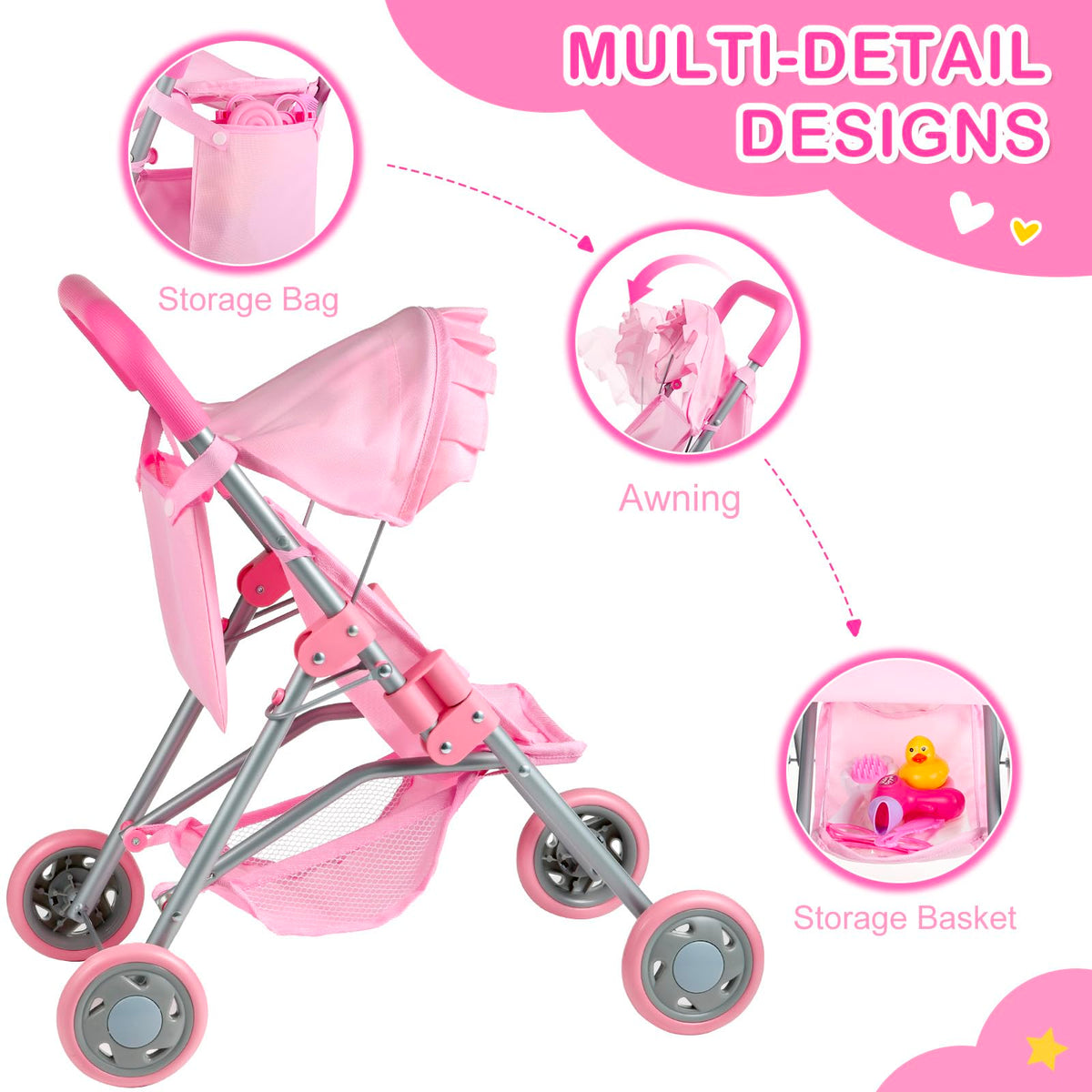GAGAKU Baby Doll Stroller wheels provide smooth movement for tiny pushers.