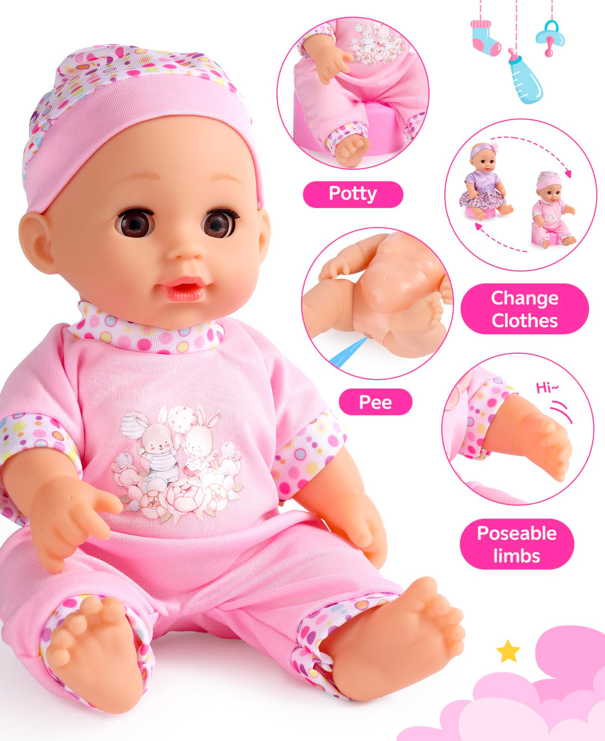 GAGAKU doll bottle drinking action enhances nurturing role-play.