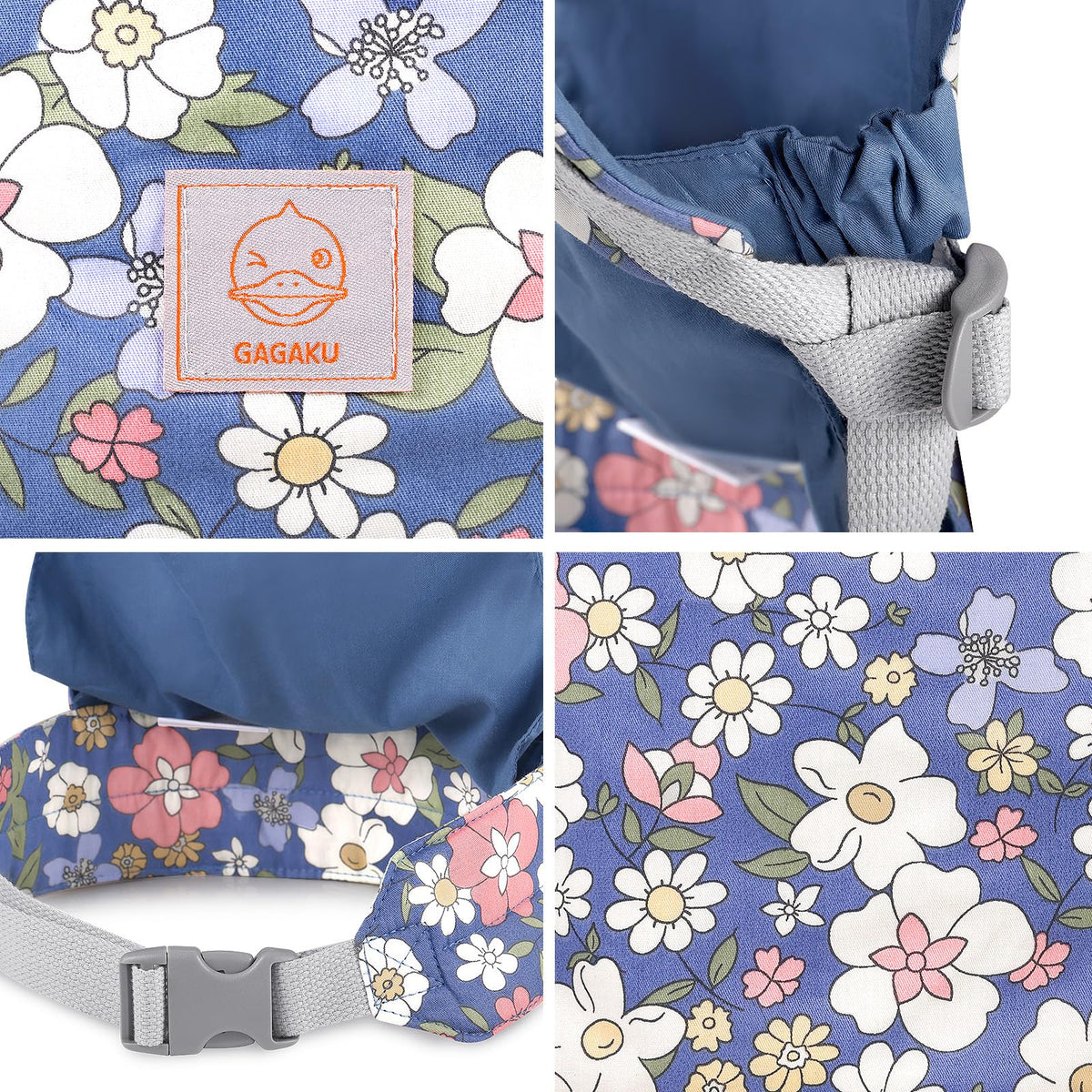 GAGAKU doll carrier blue flowers demonstrates adjustable fit for growing kids