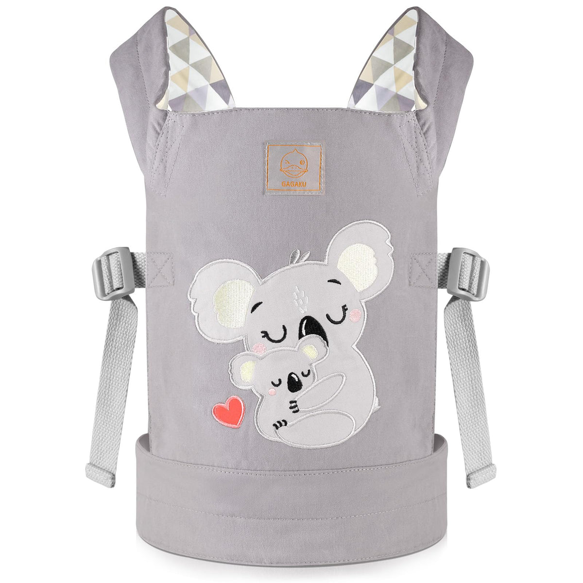 GAGAKU doll carrier with gray embroidered koala pattern, soft cotton for imaginative play.