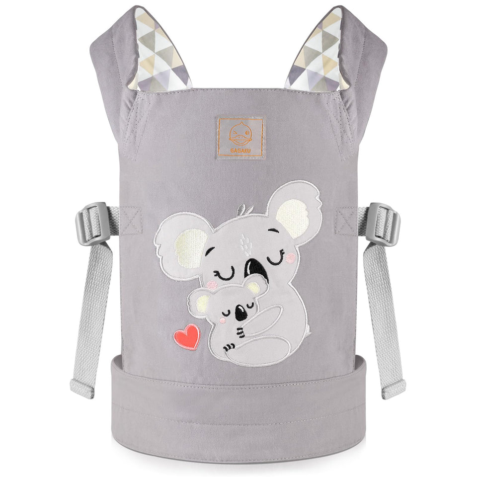 GAGAKU doll carrier with gray embroidered koala pattern, soft cotton for imaginative play.