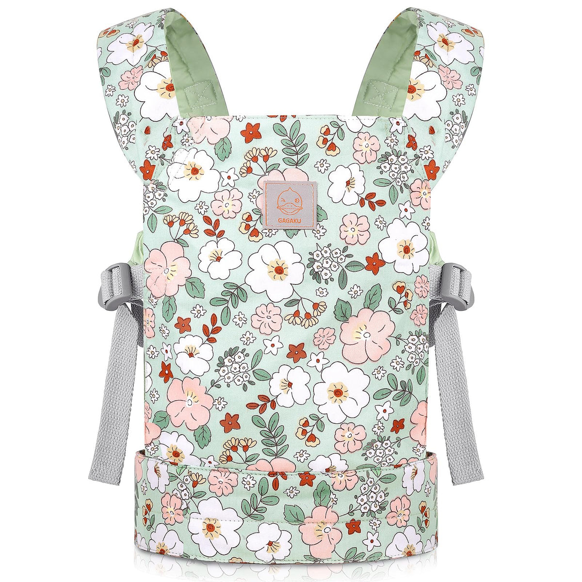 GAGAKU doll carrier green camellia front view for easy doll transport during playtime