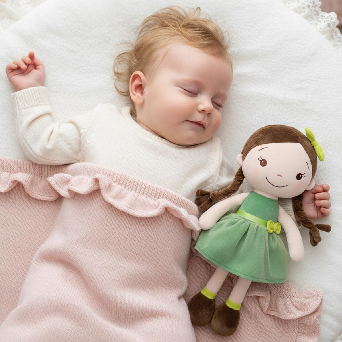 GAGAKU forest girl doll cuddled during storytime encourages imaginative play and nurturing moments.