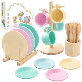 GAGAKU kids wooden dishes 27-piece set laid out for a pretend restaurant playtime
