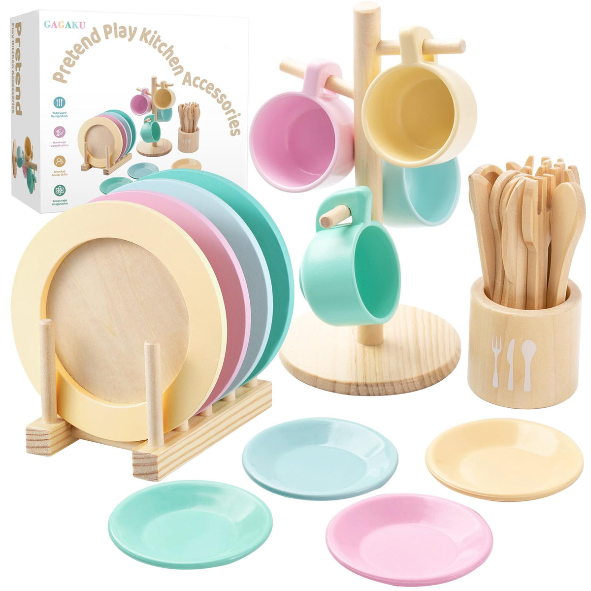 GAGAKU kids wooden dishes set with plates and bowls for imaginative meals.