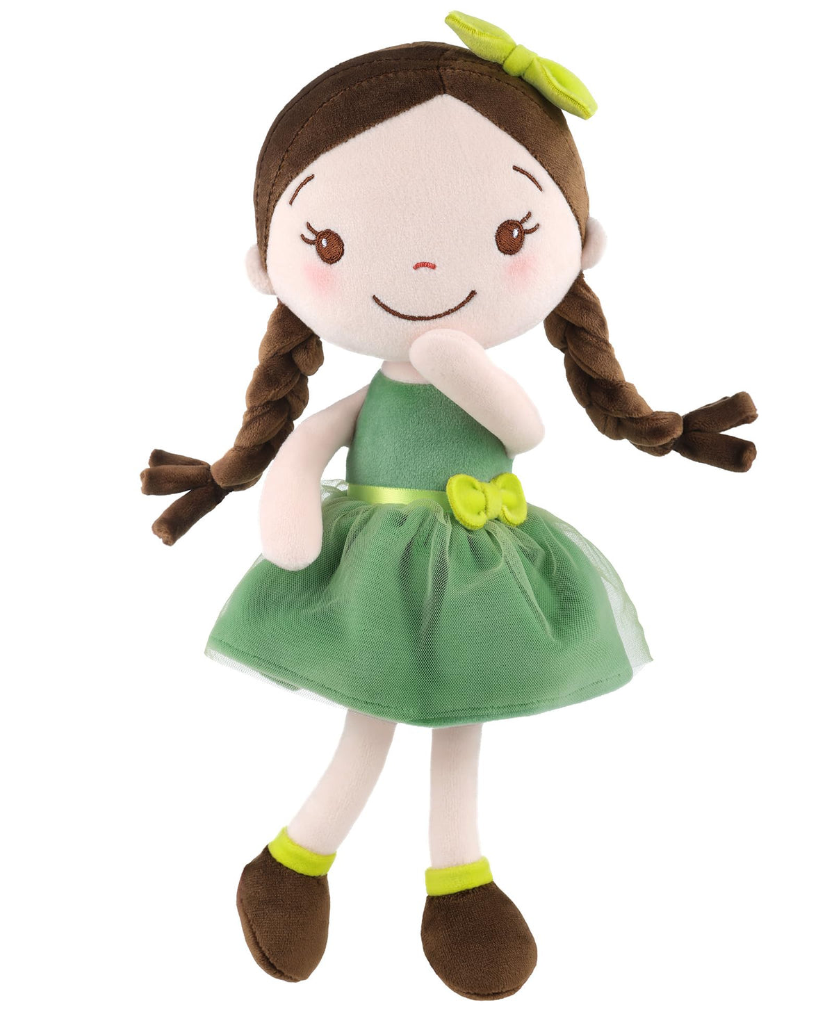 GAGAKU soft plush baby doll in forest dress enables toddler companionship.