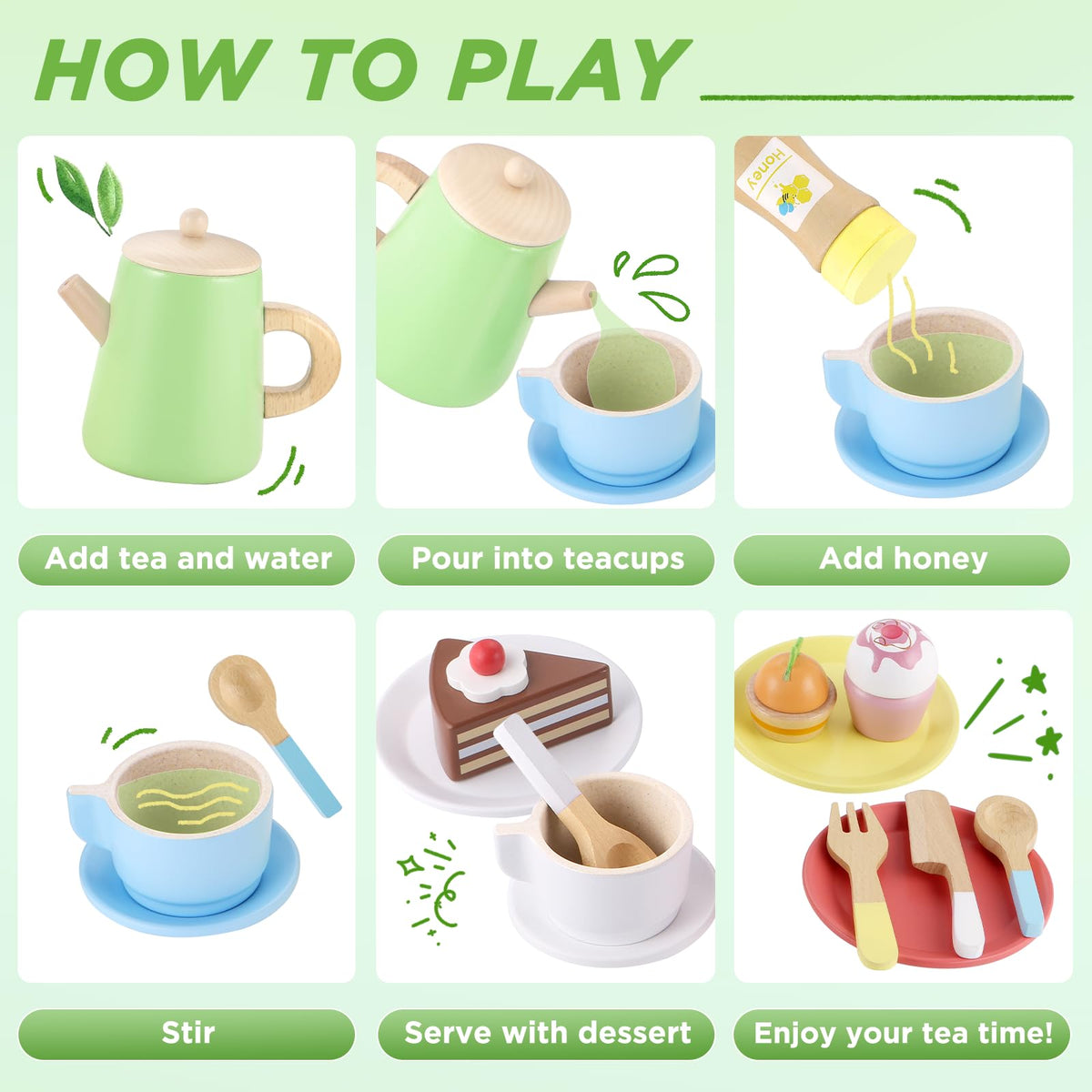 GAGAKU wooden saucers and spoons for realistic tea party interactions.