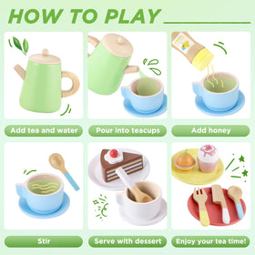 GAGAKU wooden saucers and spoons for realistic tea party interactions.