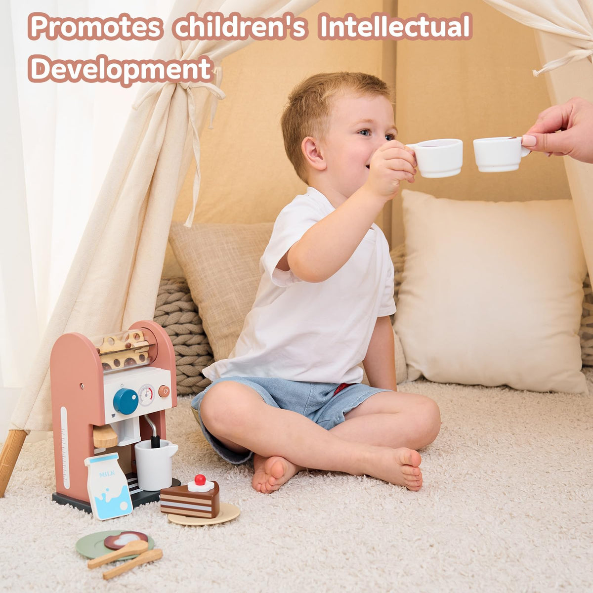 GAGAKU wooden coffee maker toy includes child-friendly accessories to encourage teamwork.