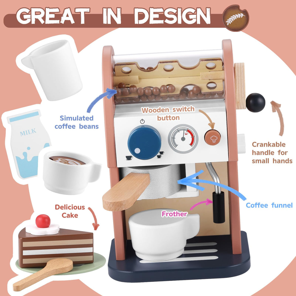 GAGAKU wooden coffee maker toy serves cups to practice sharing and social skills.