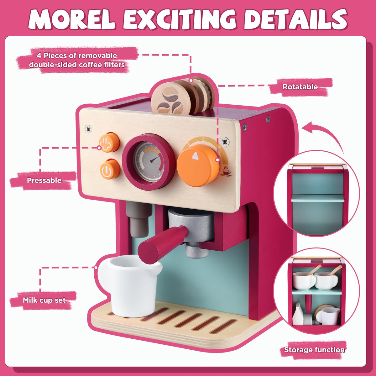 GAGAKU wooden filter drawer enhances authentic coffee-making sequences during playtime.