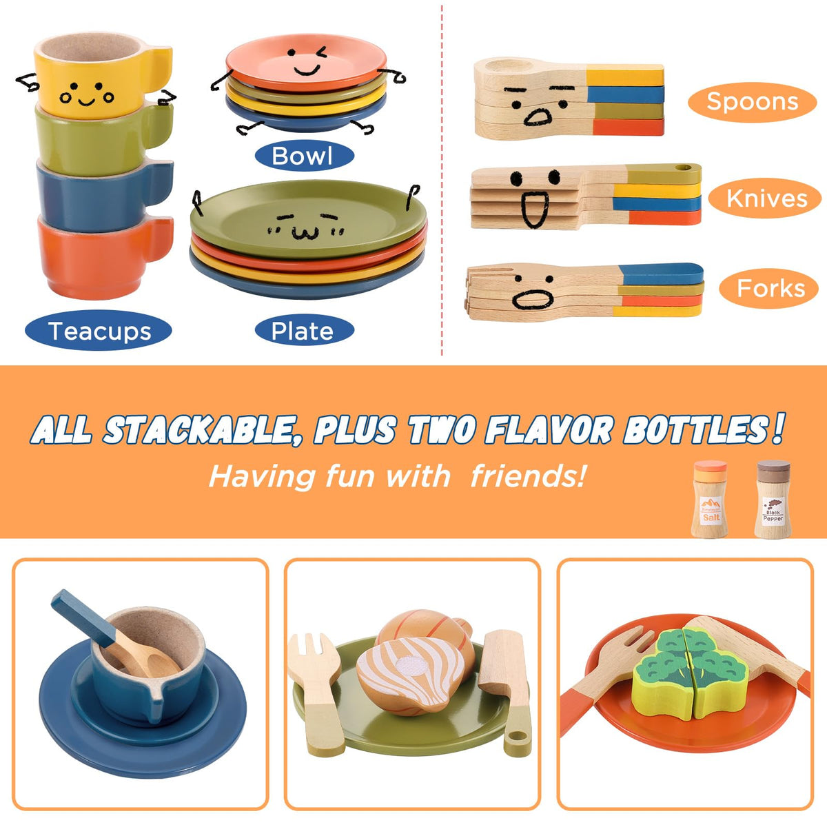 GAGAKU wooden play food set with saucers supports social pretend dining