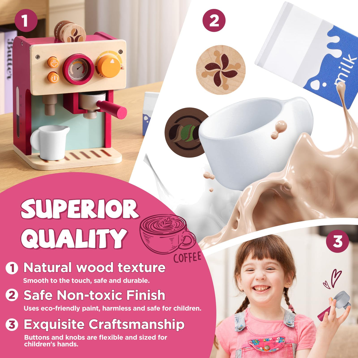 GAGAKU wooden spoon and milk jug support pretend coffee preparation and hand coordination.