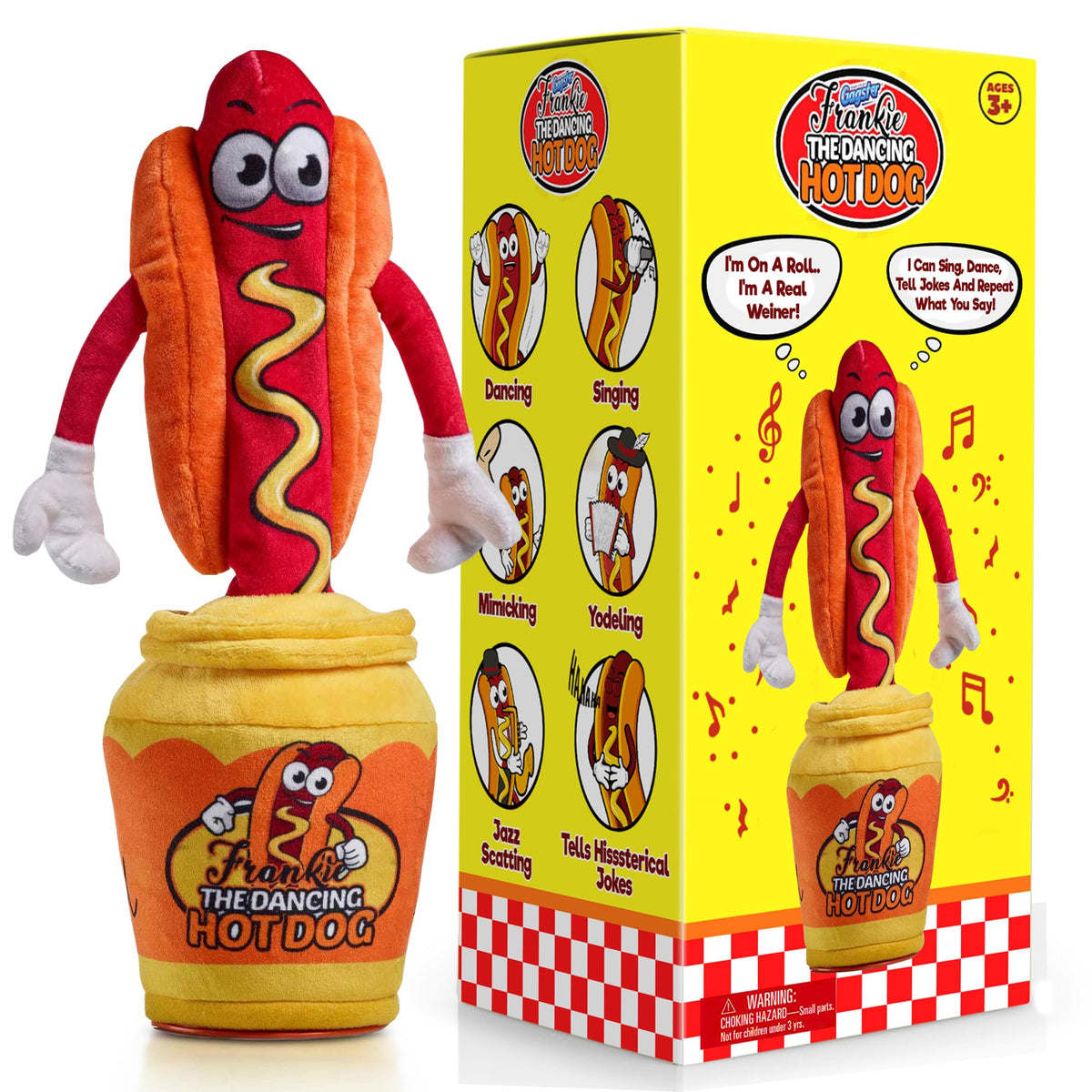 Gagster hot dog dancing toy plush close-up shows playful design for kids' giggles.