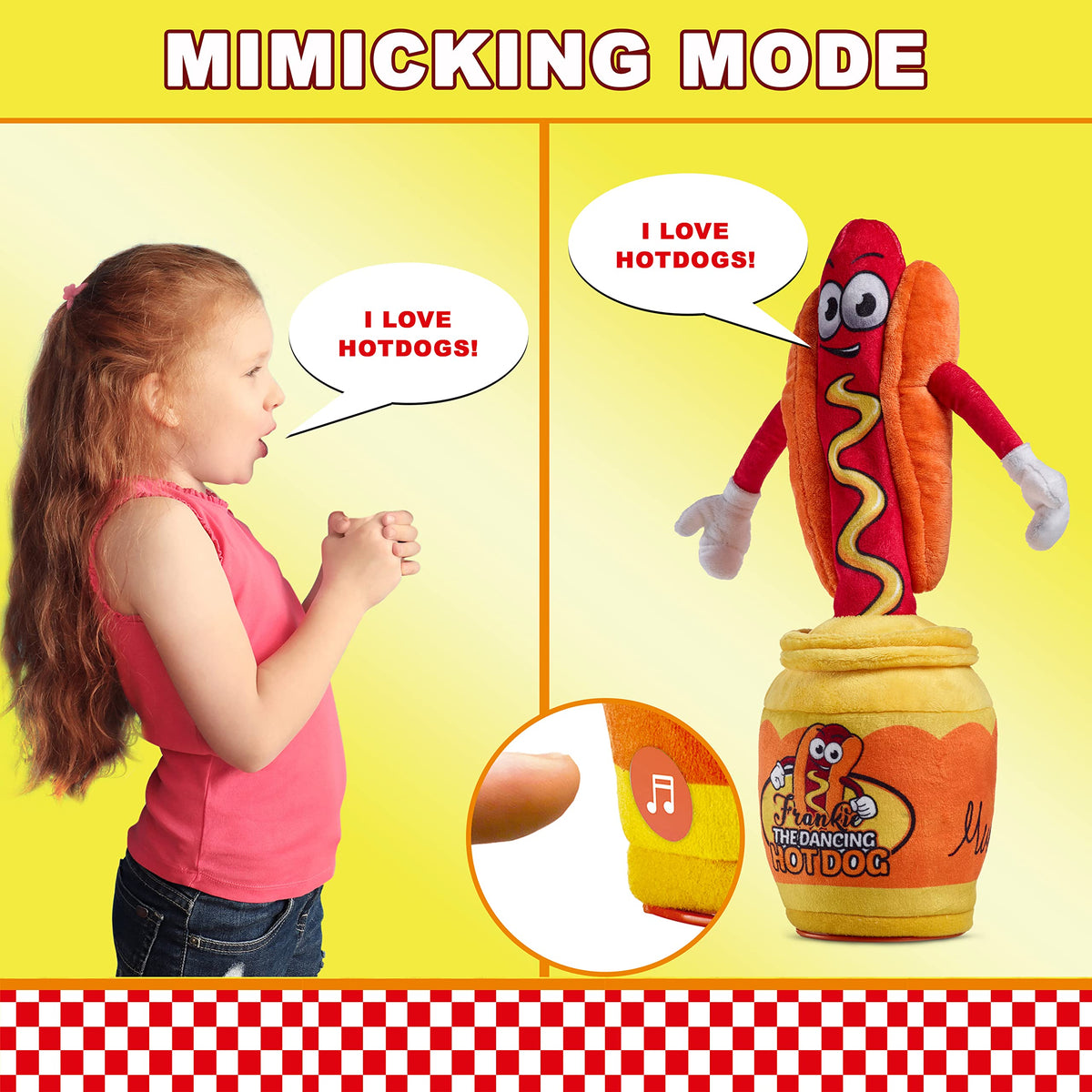 Gagster hot dog dancing toy plush mimic feature highlights word-repeating fun.