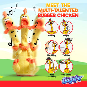 Gagster mimicking chicken toy repeats words in a playful squeaky voice