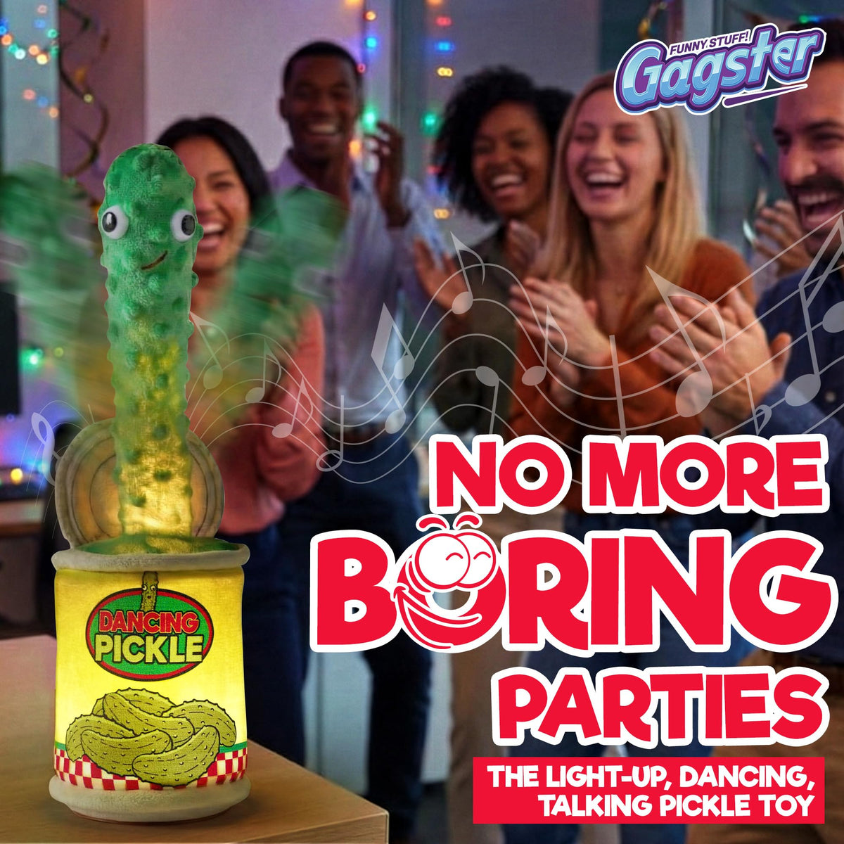 Gagster dancing pickle toy spins with groovy beats for party game nights and celebrations