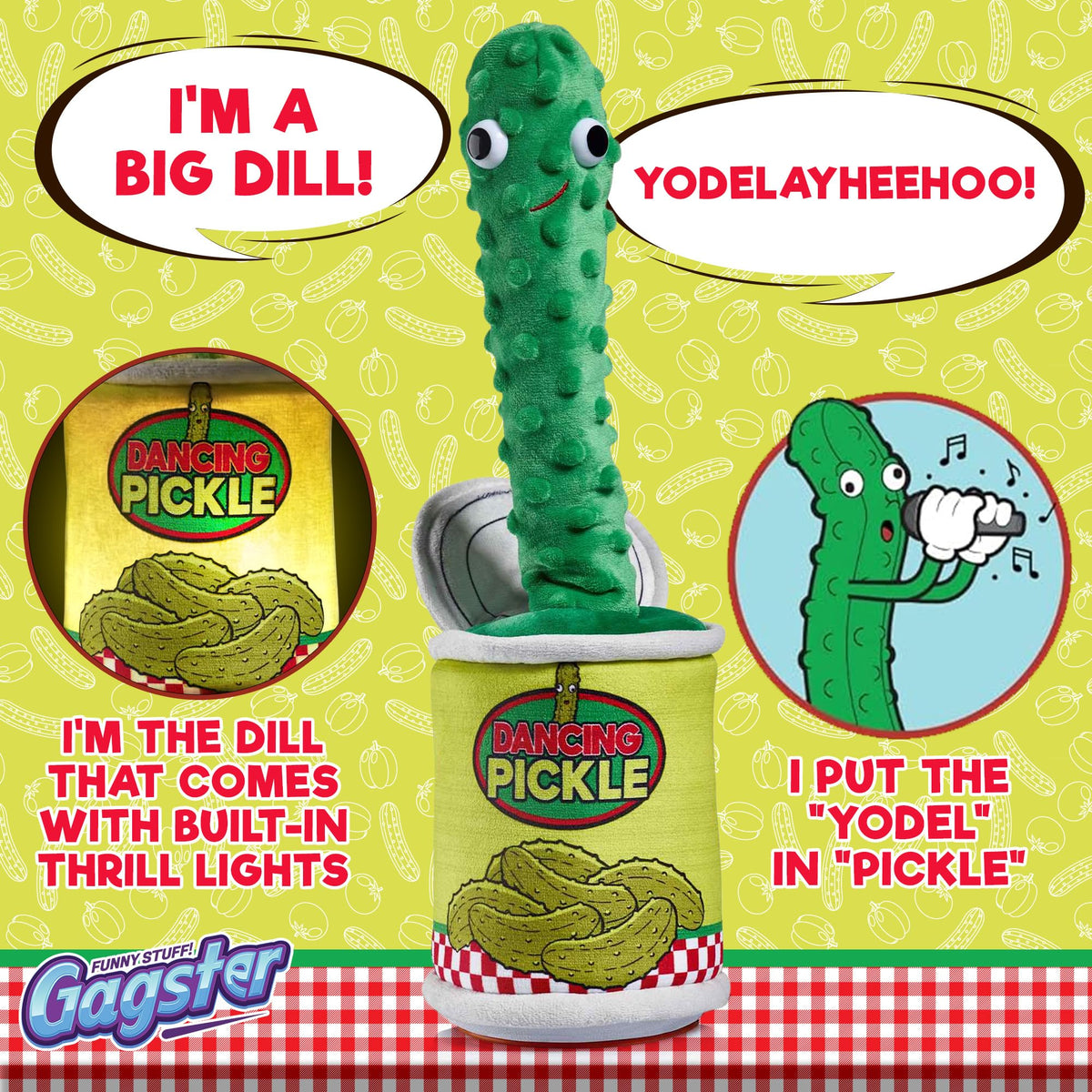 Gagster pickle toy mimics voice, repeating jokes to spark goofy interactions and smiles
