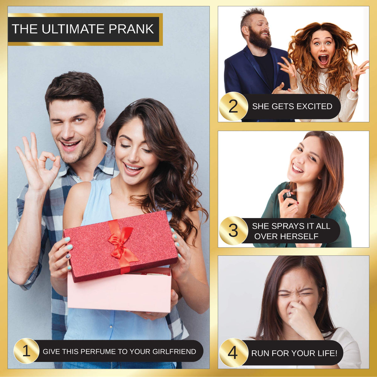 Gagster prank perfume application scene demonstrates quick room-clearing effect.