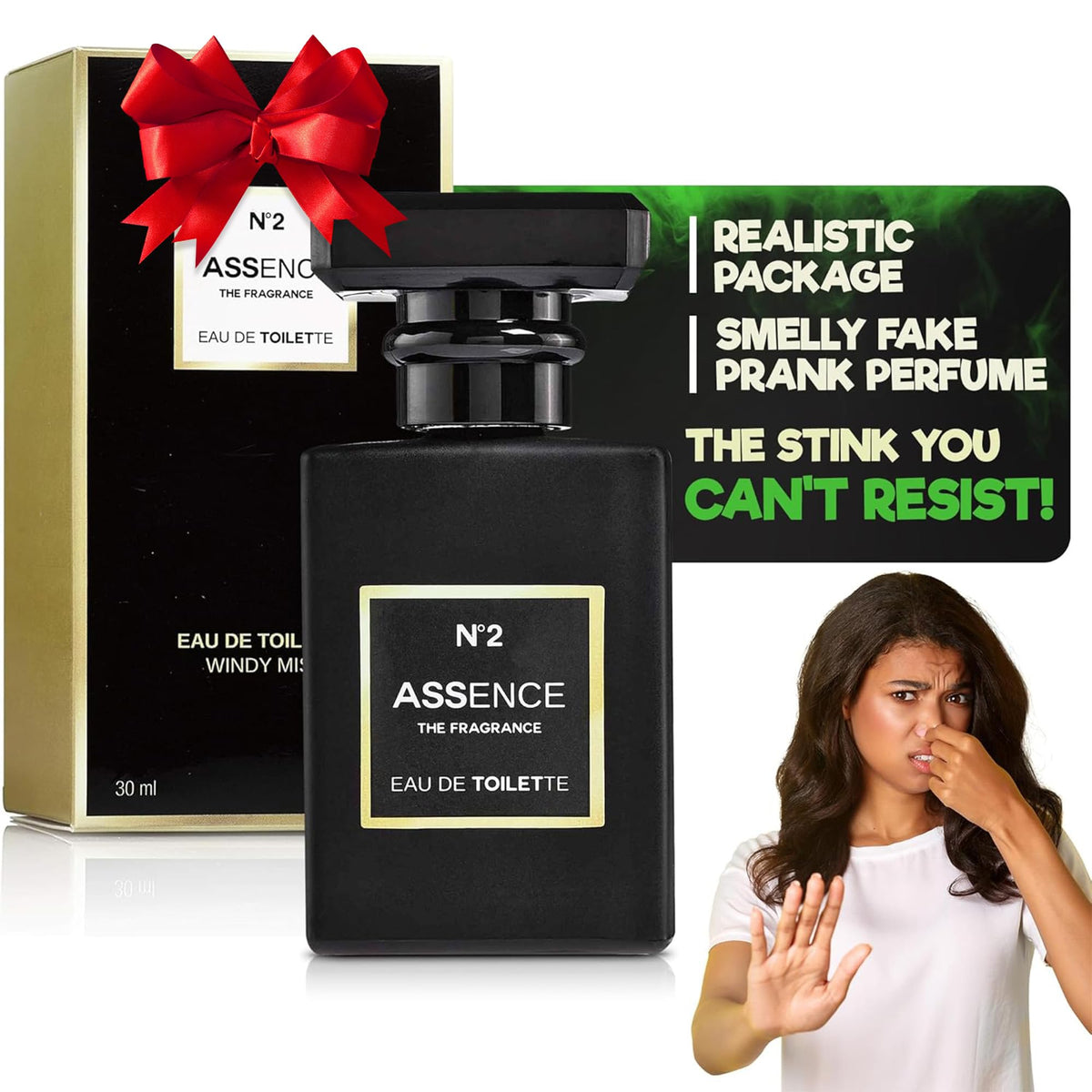 Gagster prank perfume bottle showcases extra strong fart spray for playful surprises.