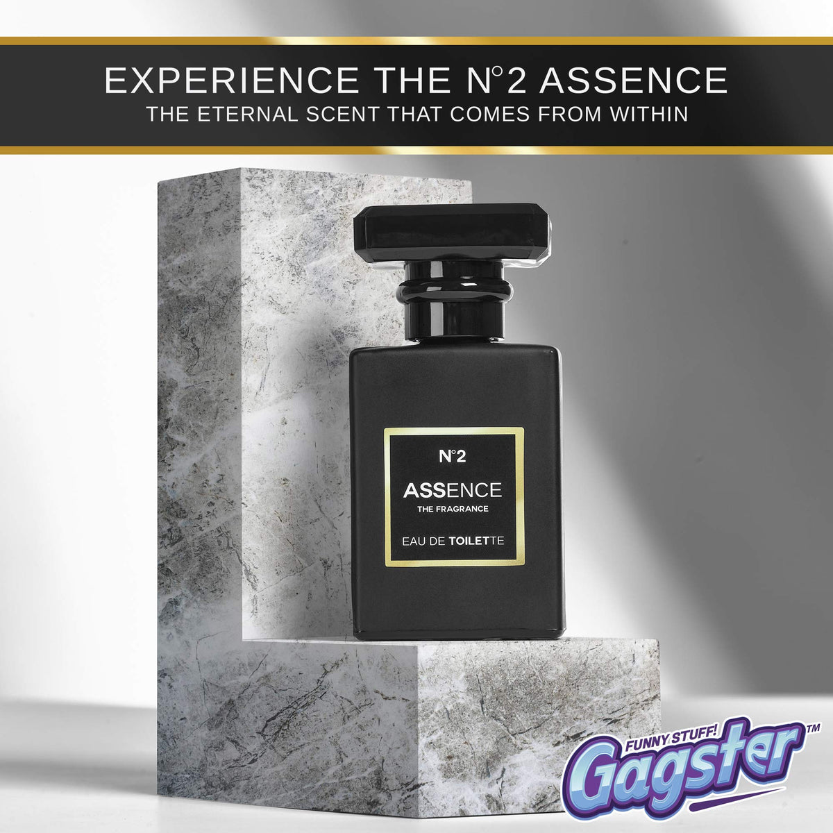 Gagster prank perfume label promises an authentic looking luxury fragrance bottle.