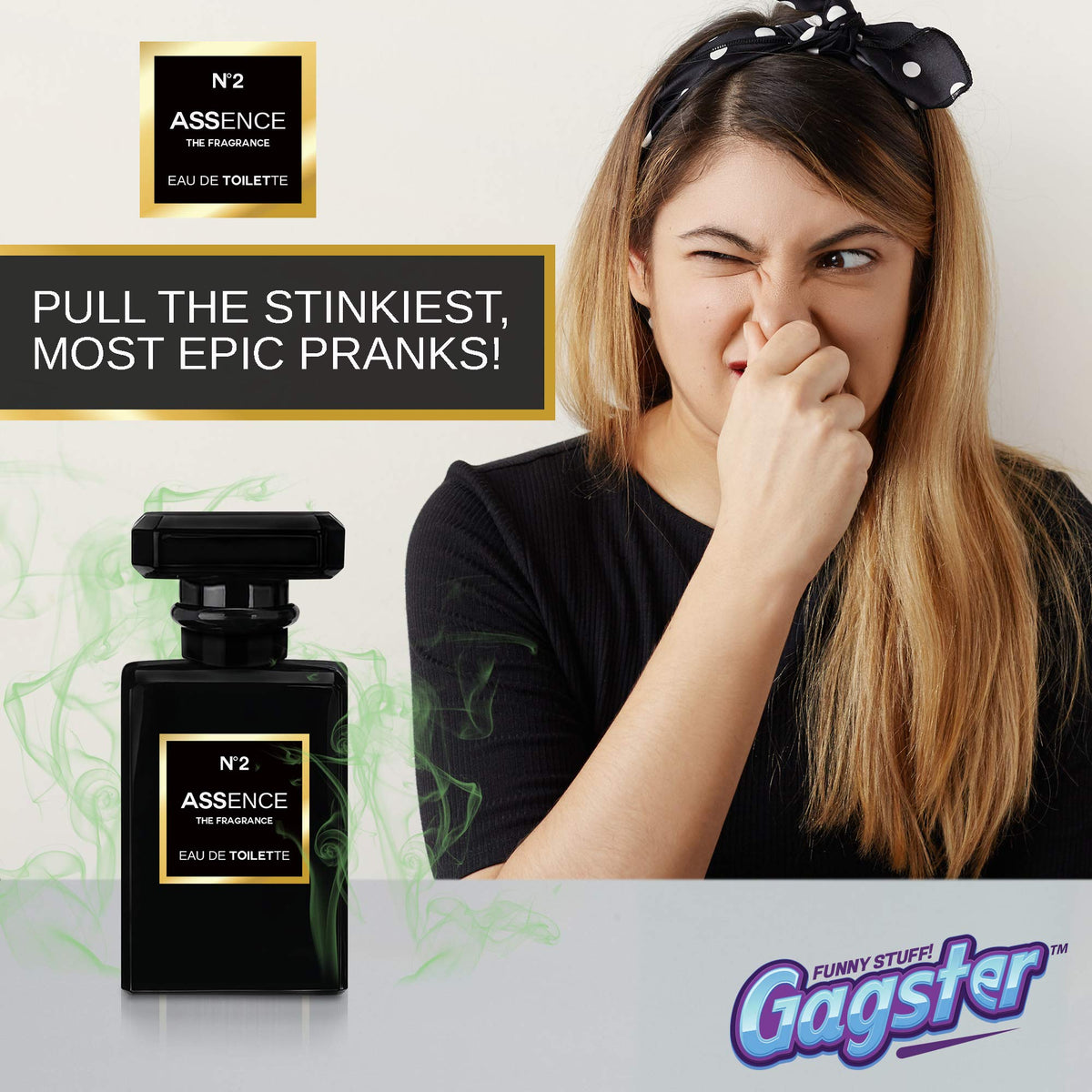 Gagster prank perfume odor cloud evokes unmistakable reaction in any setting.