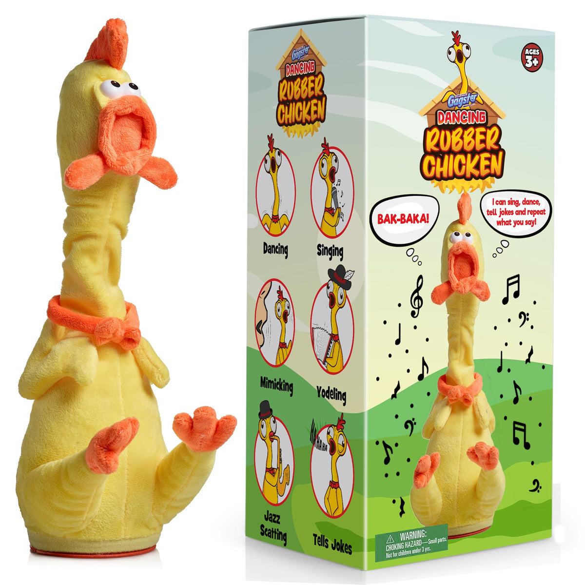 Gagster rubber chicken dancing toy performing goofy moves for family fun