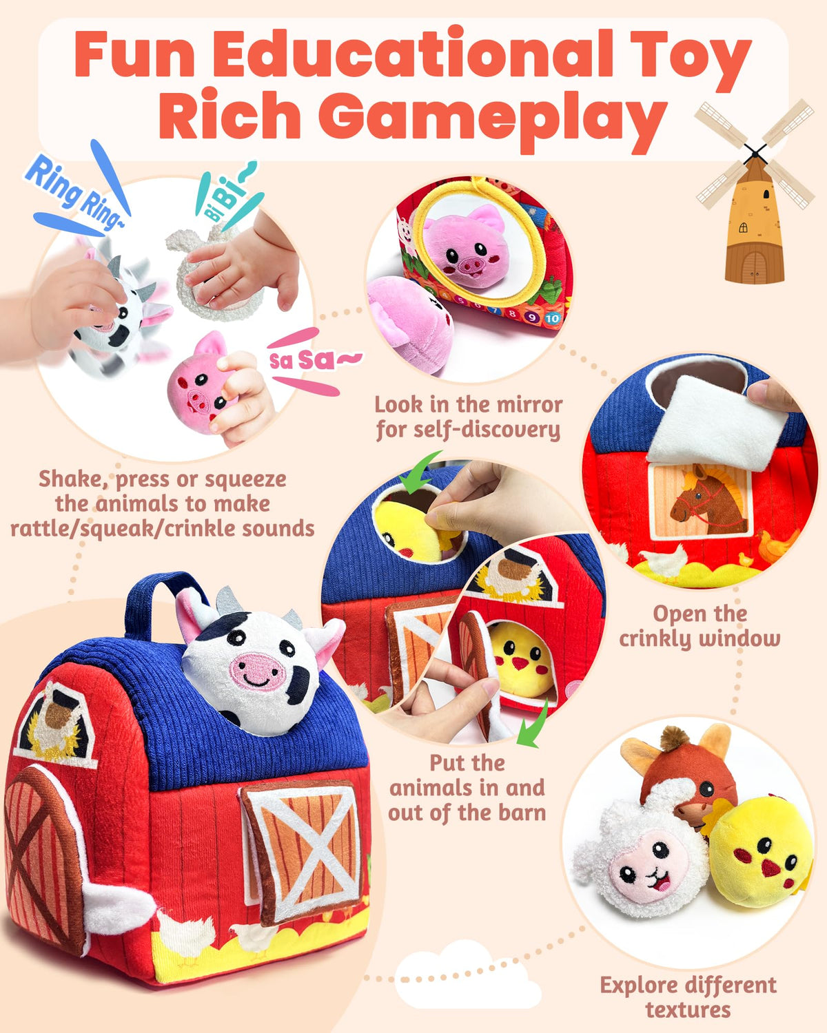 Gagule barn toy pig with squeak for gentle auditory stimulation.