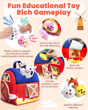 Gagule barn toy pig with squeak for gentle auditory stimulation.