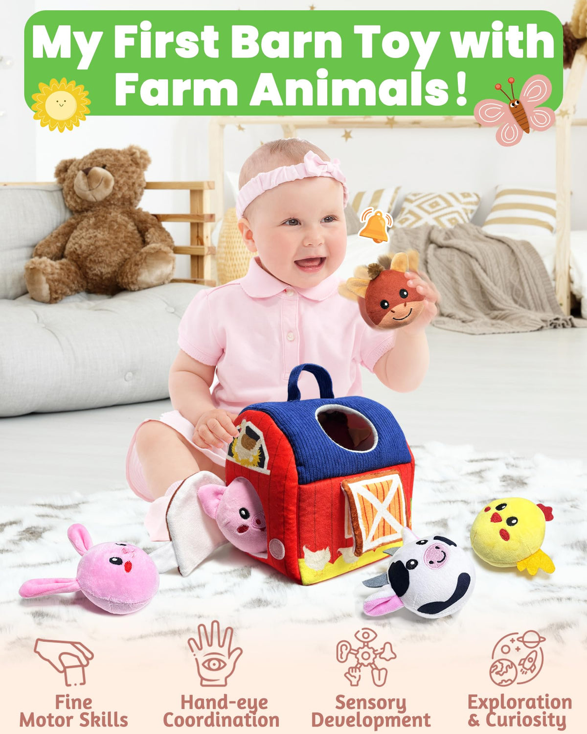 Gagule barn toy sheep with crinkle fabric for tactile play.