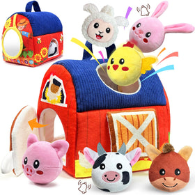 Gagule infant barn toy with soft cow texture for sensory exploration.