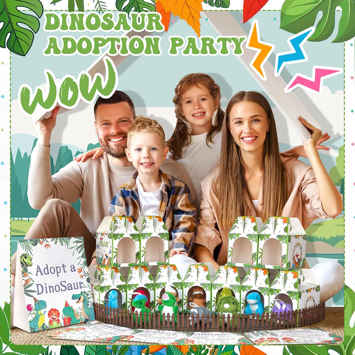 Gaiaring party scene with plush dinos, boxes, and decor ideas
