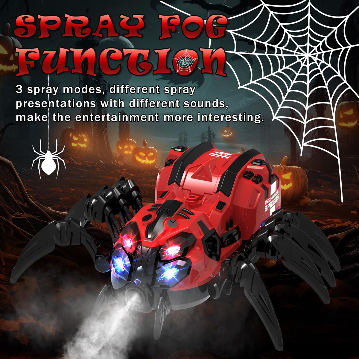 GAIETYDIY spider demo mode pairs movement with music and spray.