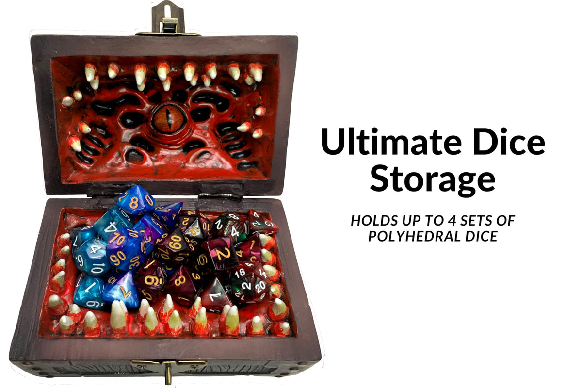 Galdor's Guild Mimic Dice Chest interior shows four polyhedral sets inside