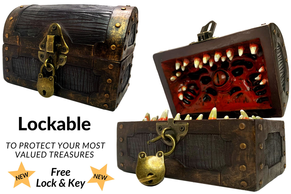 Galdor's Guild Mimic Dice Chest locked closeup emphasizes secure travel with included key