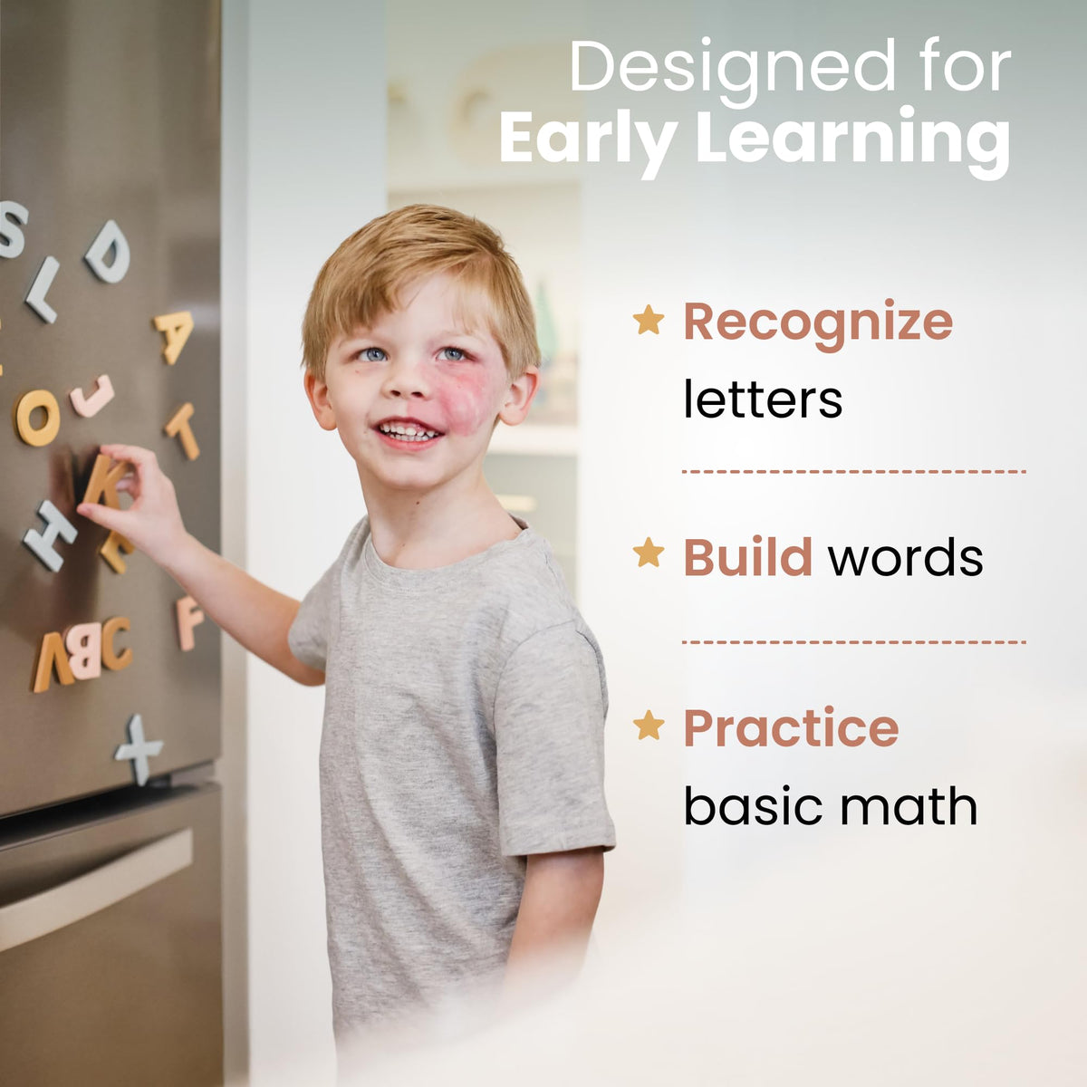 Gale Tots durable magnets securing letters to a whiteboard during lessons.