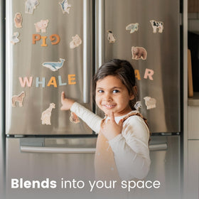 GALE TOTS storage pouch and magnets on fridge create tidy, gift-ready play