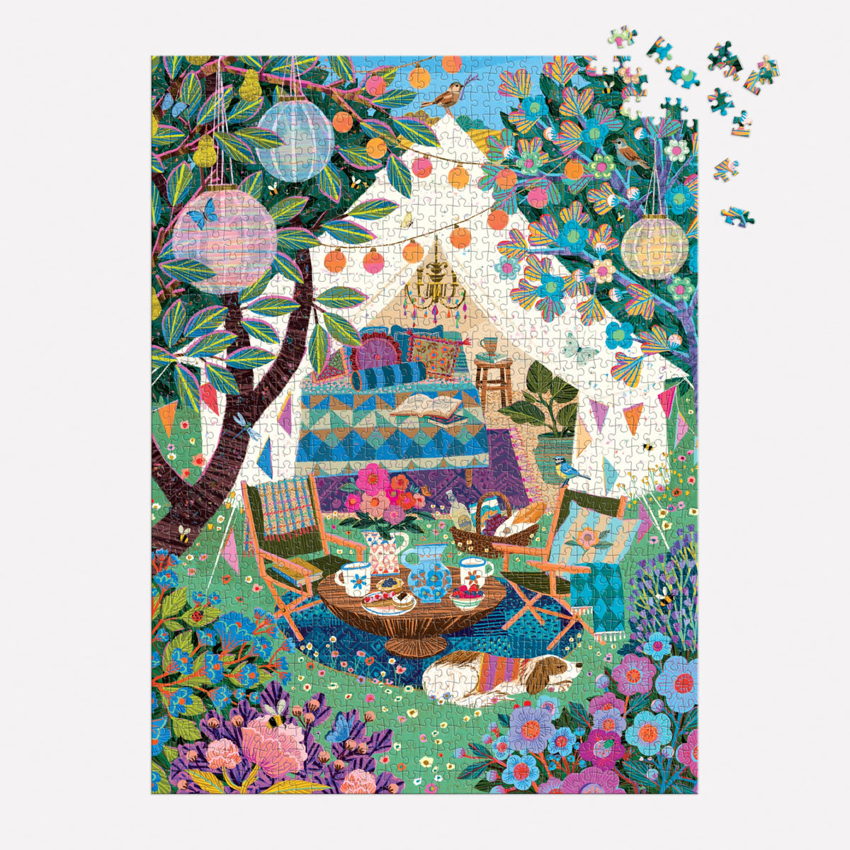 Galison Blooming Escape lanterns by trees add charming ambiance for family activity.