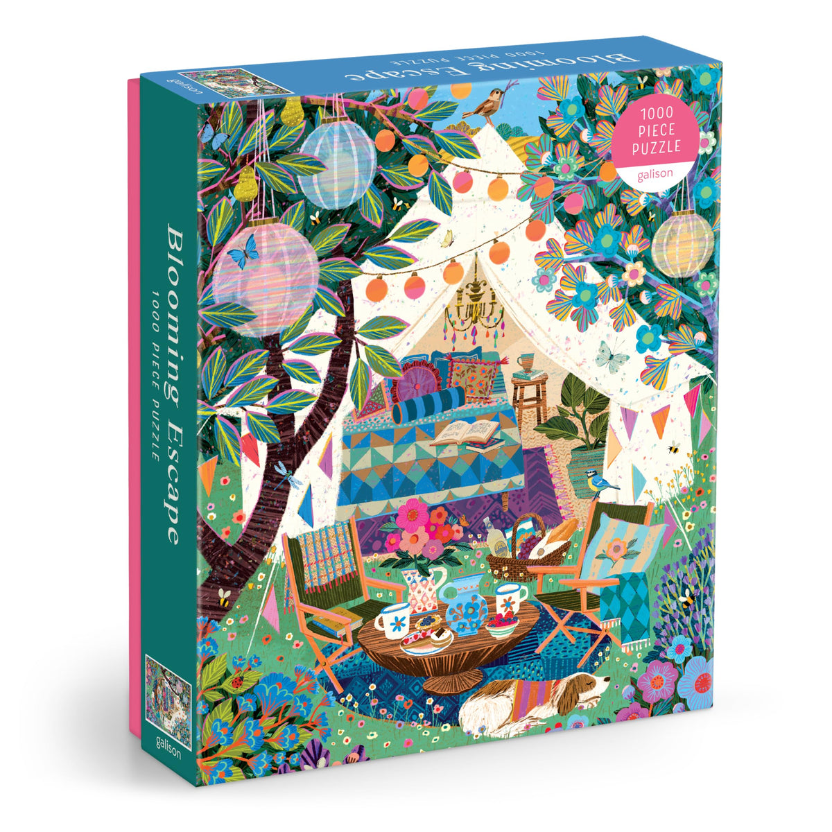 Galison Blooming Escape puzzle cover shows a tranquil glamping scene for family puzzle nights.