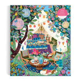 Galison Blooming Escape tent scene with cozy camping vibes for mindful downtime.